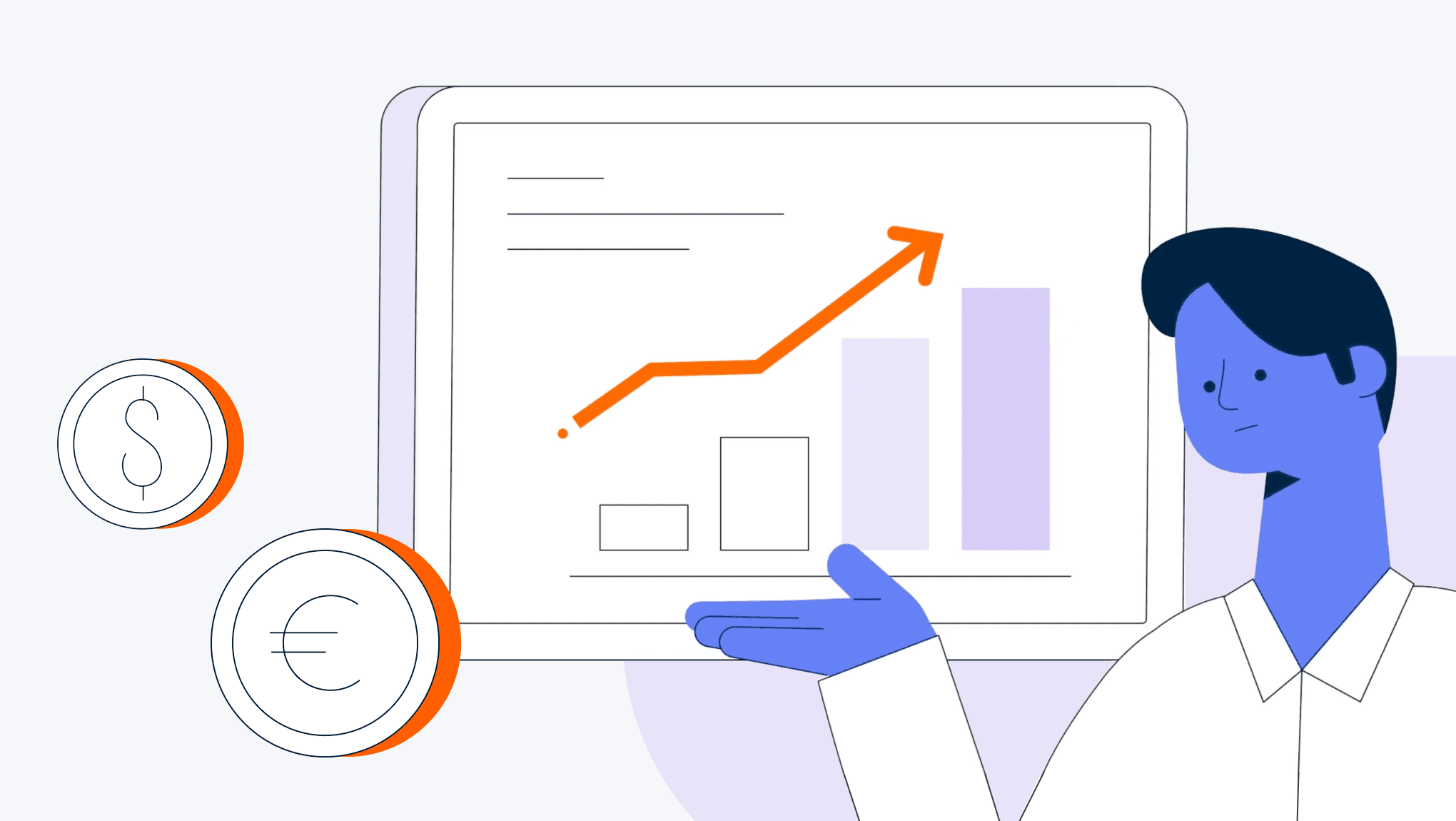 Teradata-branded illustration of a man presenting trusted market data on a screen, with floating currency symbols representing the financial aspect.