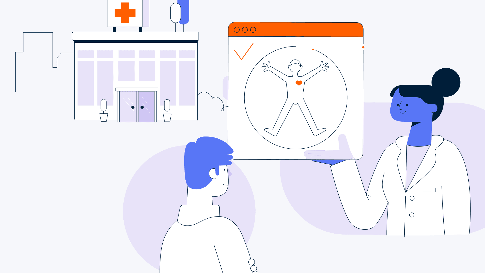 Teradata-branded illustration of a female doctor discussing a medical X-ray chart with a male colleague, with a hospital facade in the background.