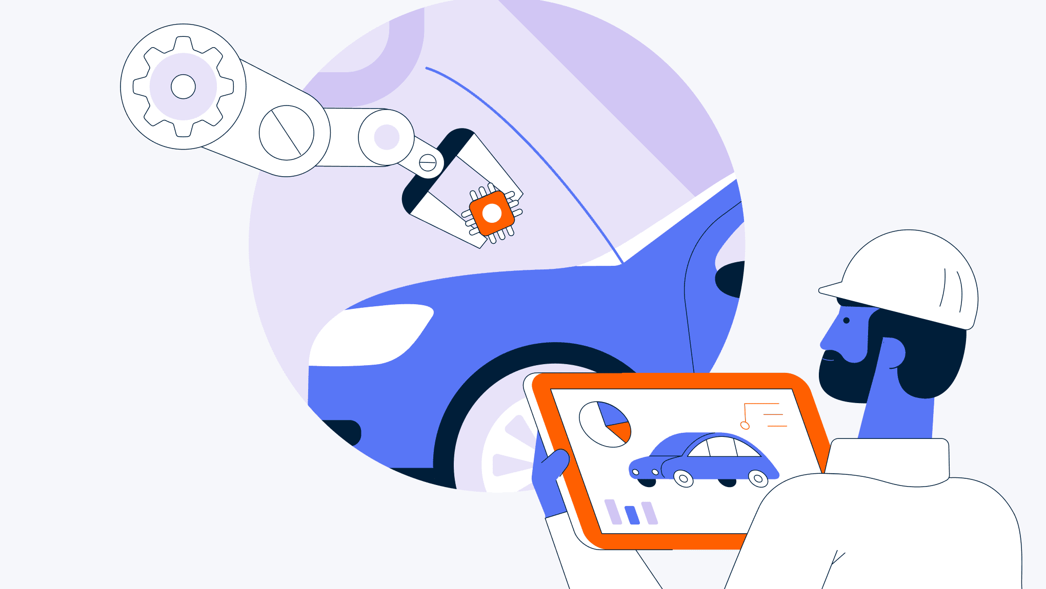 Teradata-branded illustration of a car mechanic holding a tablet displaying a car and charts, with a robotic arm in the background installing a gear under the car's hood.