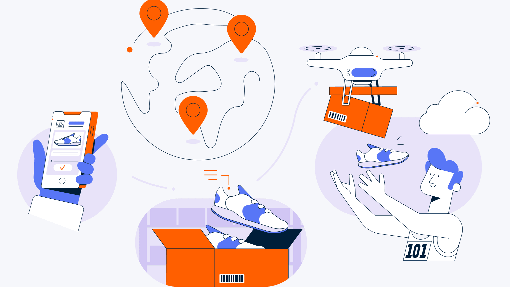 Teradata-branded illustration of a globe representing a global supply chain, with a person ordering shoes via smartphone, connected to a shipping box and a drone delivering the box.